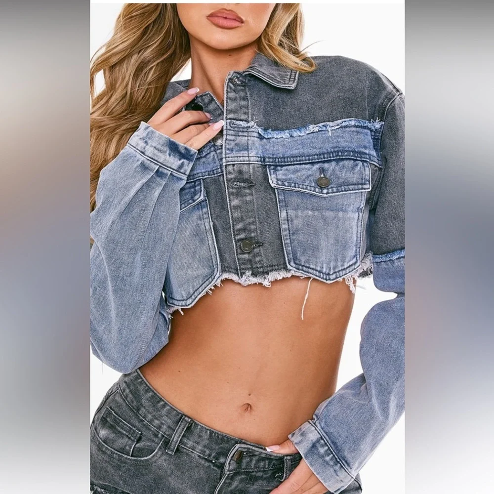 NWT PrettyLittleThing Washed Grey Double Layered Denim Cropped Jacket US Size 8 - Picture 3 of 14